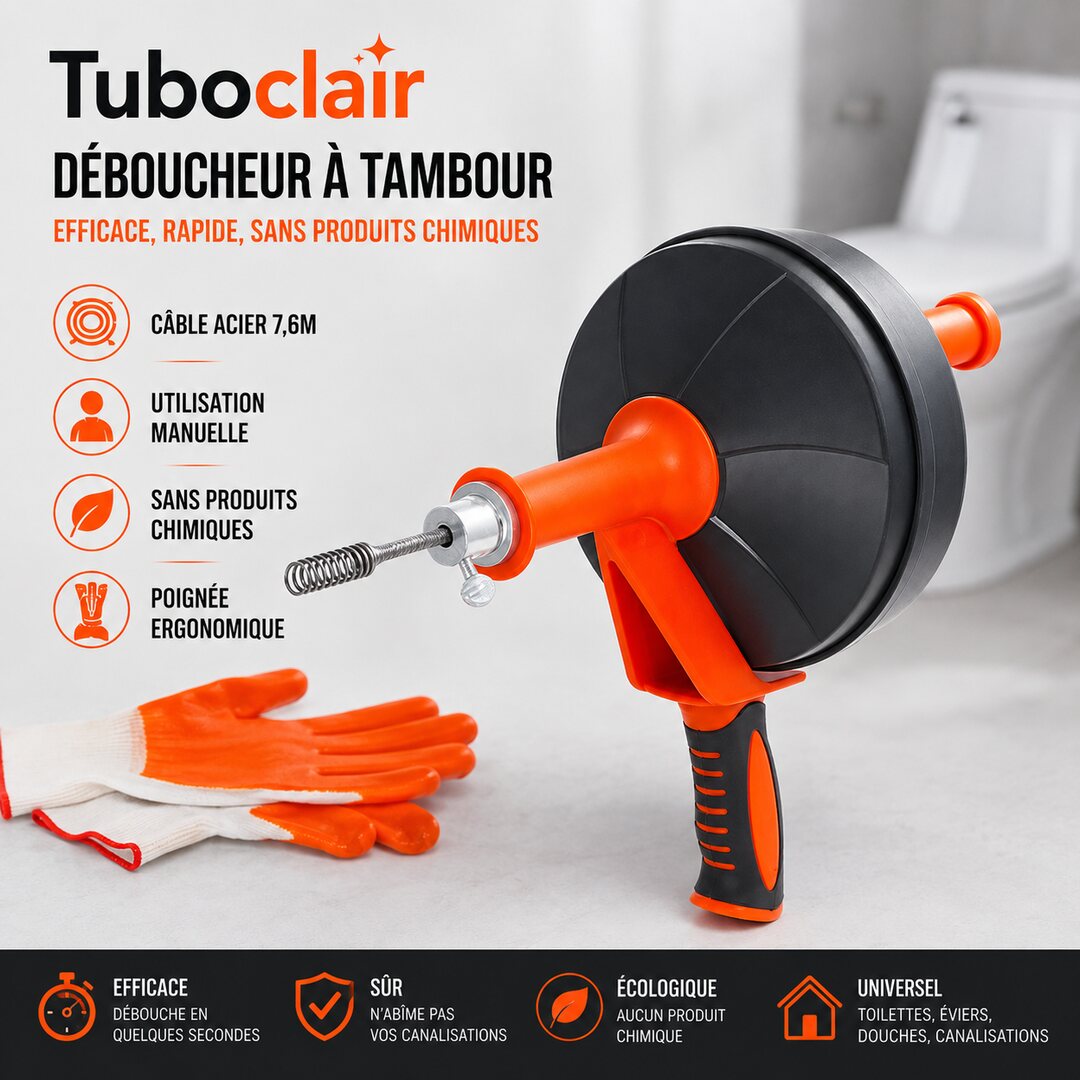 Déboucheur à tambour Tuboclair avec câble acier et gants
