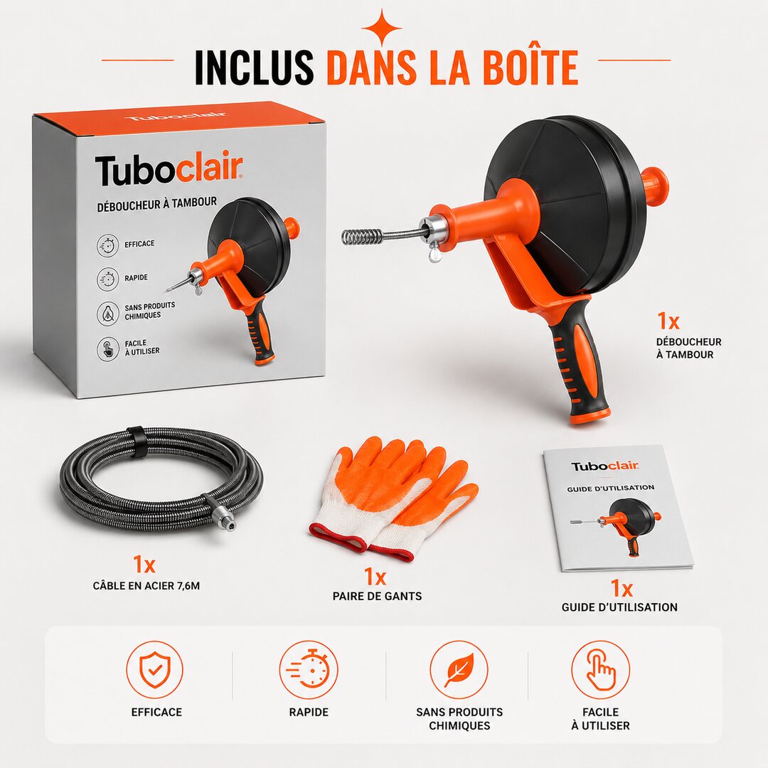 Inclus dans la boîte : déboucheur à tambour, câble acier 7,6 m, gants, guide
